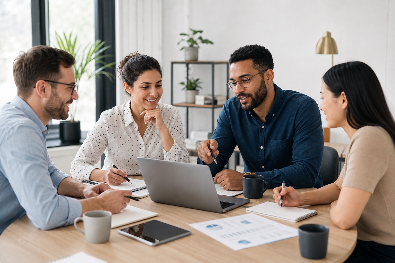 Friendly small business team discussing service plans around a table