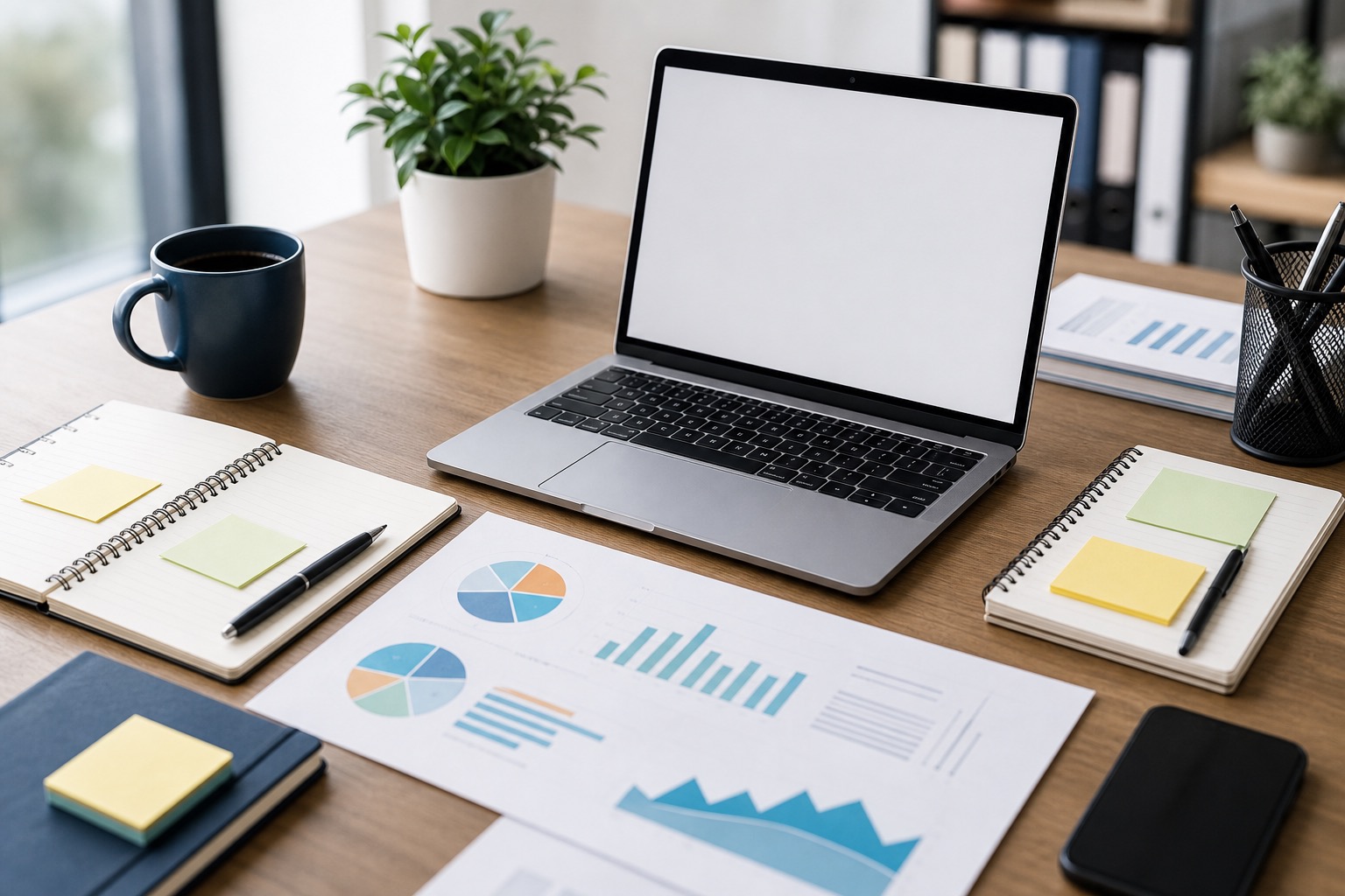 Business notebook and laptop prepared for writing small business tips