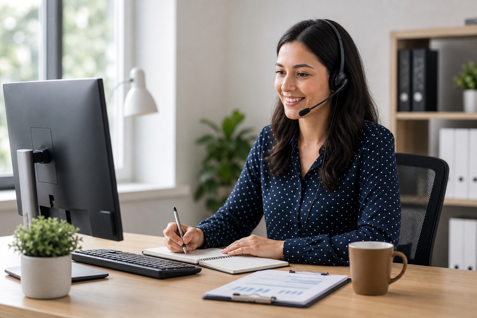 Customer service workspace with headset and helpful message cards