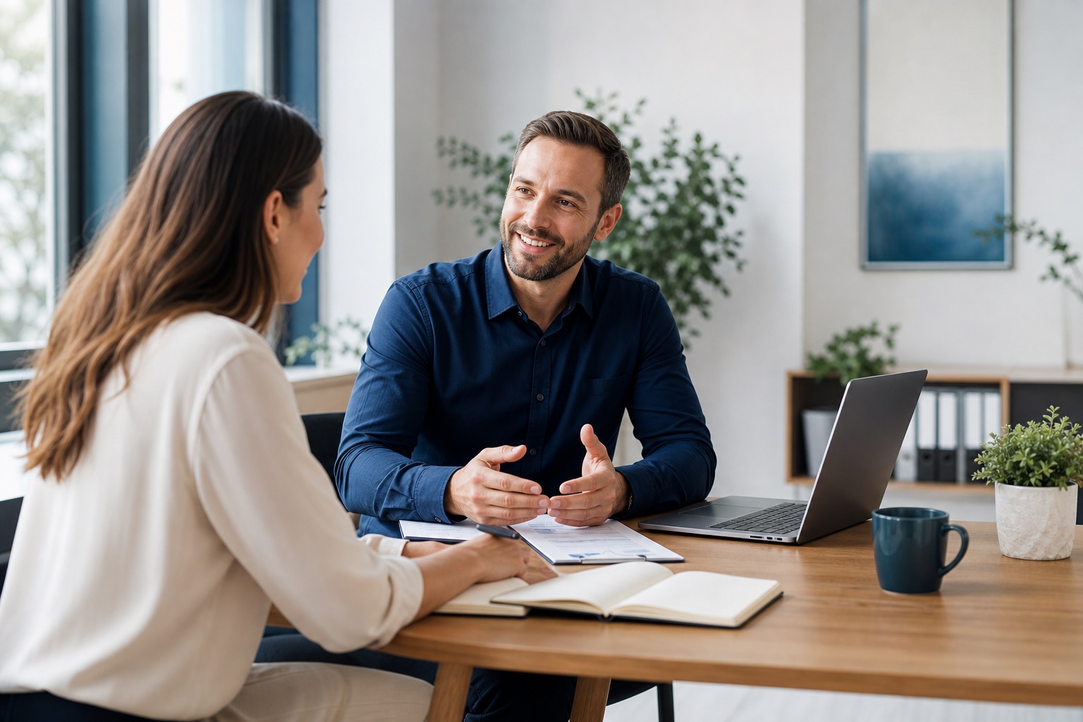 Small business owner meeting with a client in a bright professional workspace
